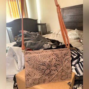 Elegant Floral Embossed Tan Shoulder Bag